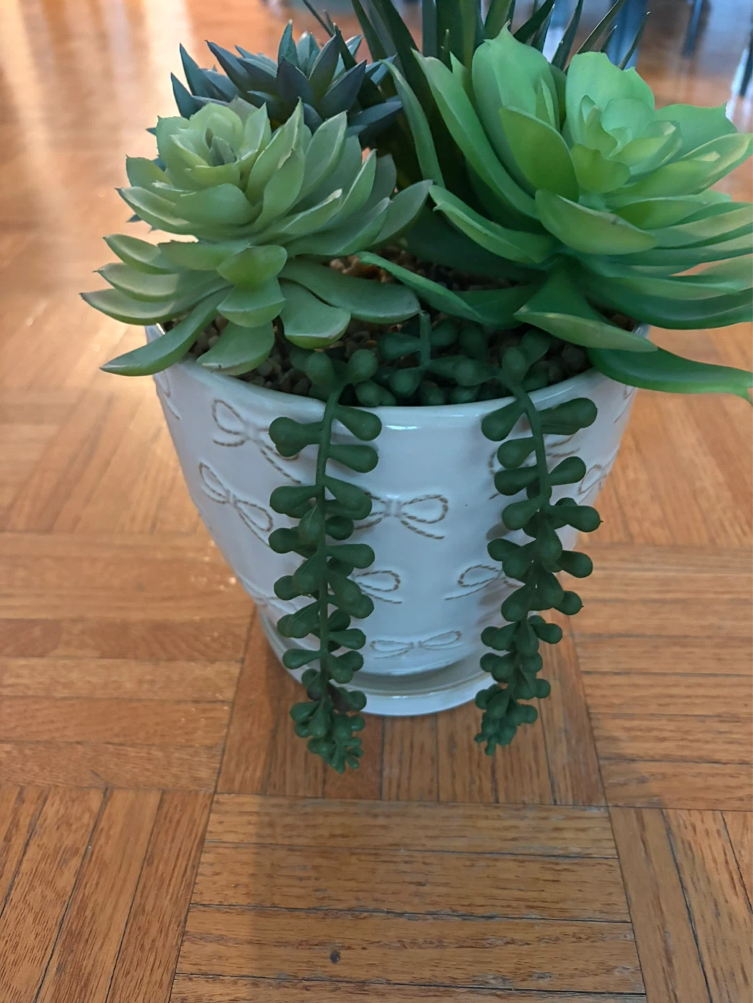 Artificial Succulent Arrangement in White Embossed Pot