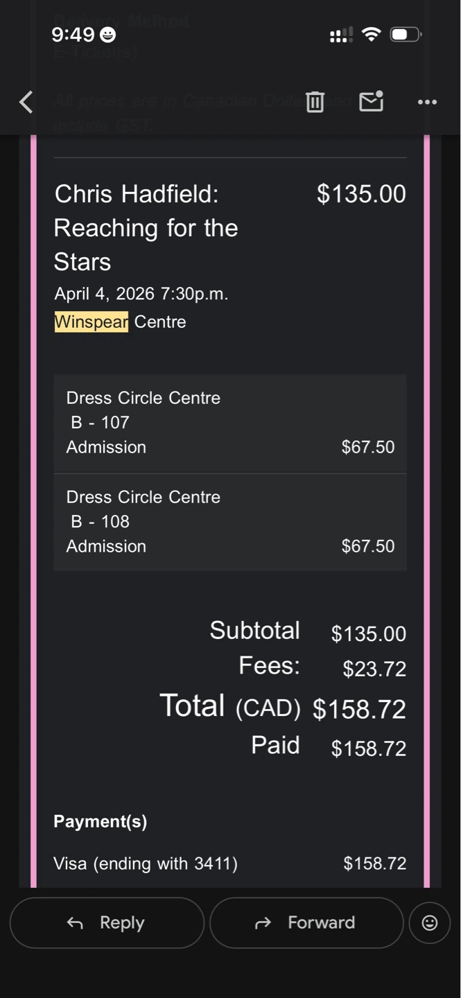 7:30pm Sat 4th - 2x Tickets to Chris Hadfield RFTS