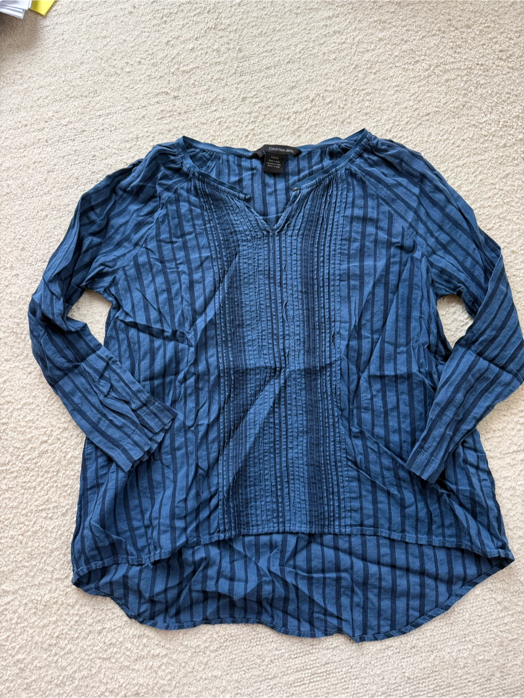 Calvin Klein  Blue Striped Pleated Linen Top