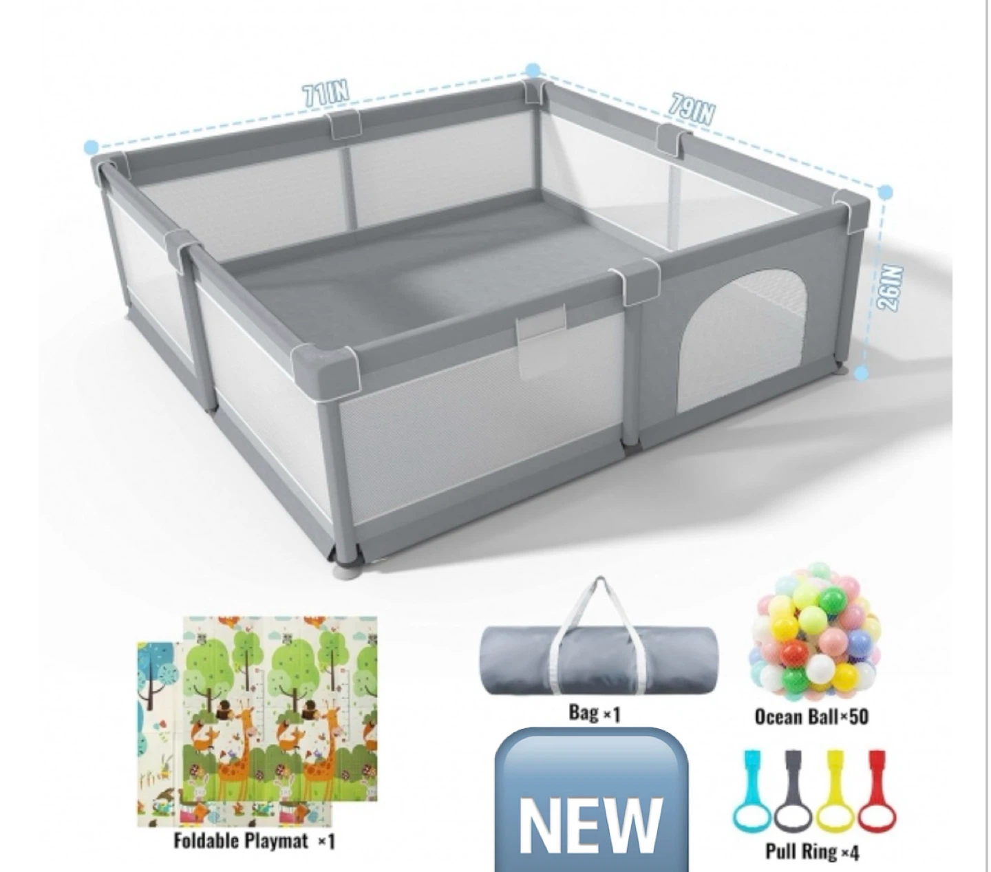 Play pen 79x71 inches with foldable mat (grey)