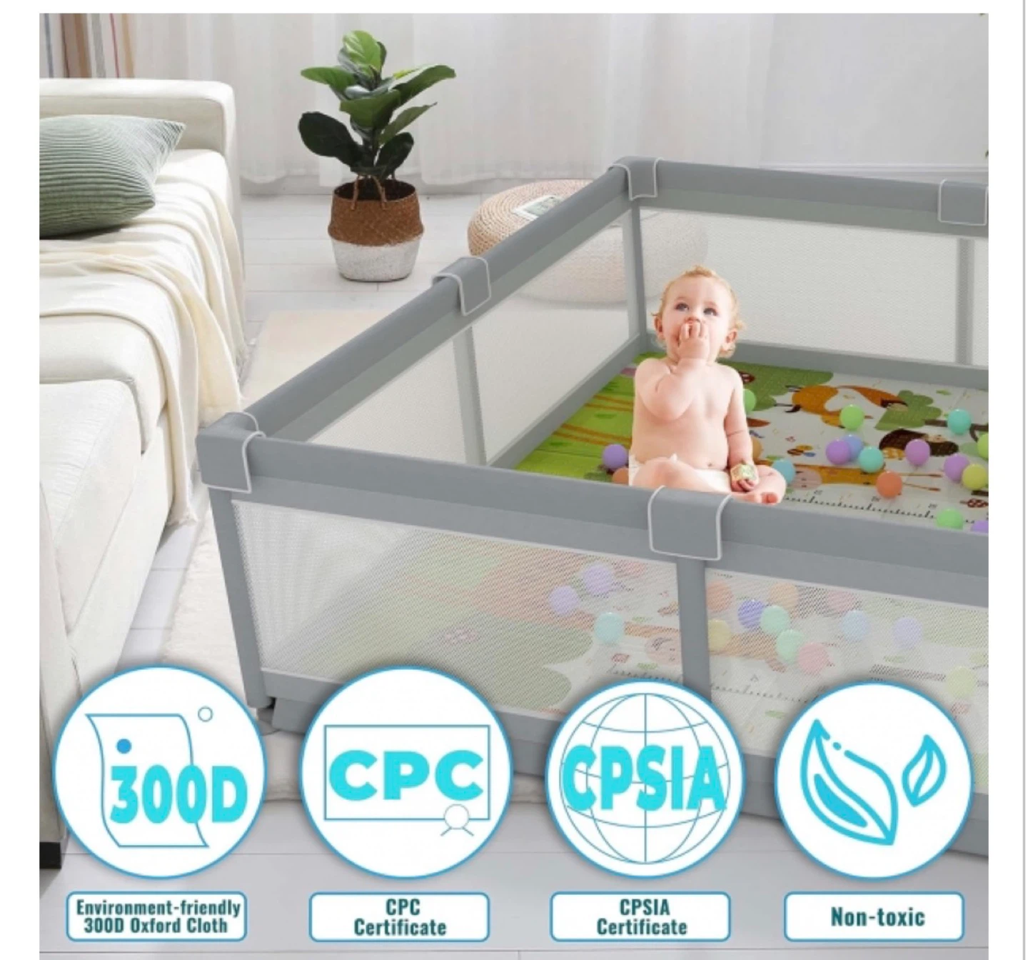 Play pen 79x71 inches with foldable mat (grey) - photo 2