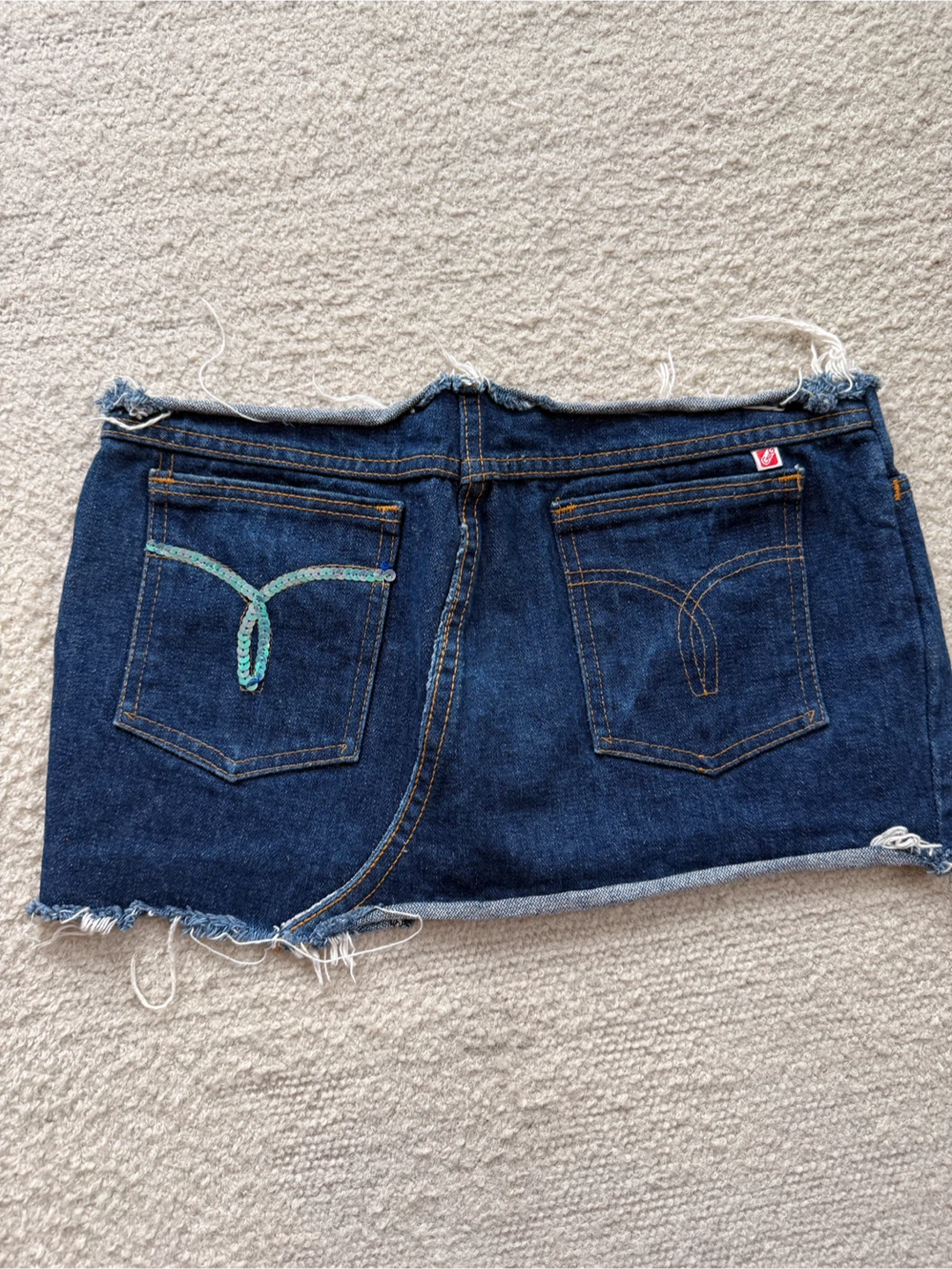 Vintage Re-worked Blue Denim Mini Skirt with Embellished Pocket