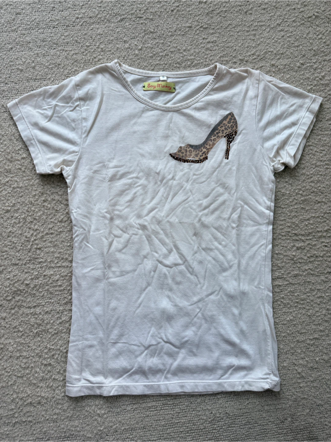 Sexy Monkey White T-Shirt with Sequined High Heel Graphic