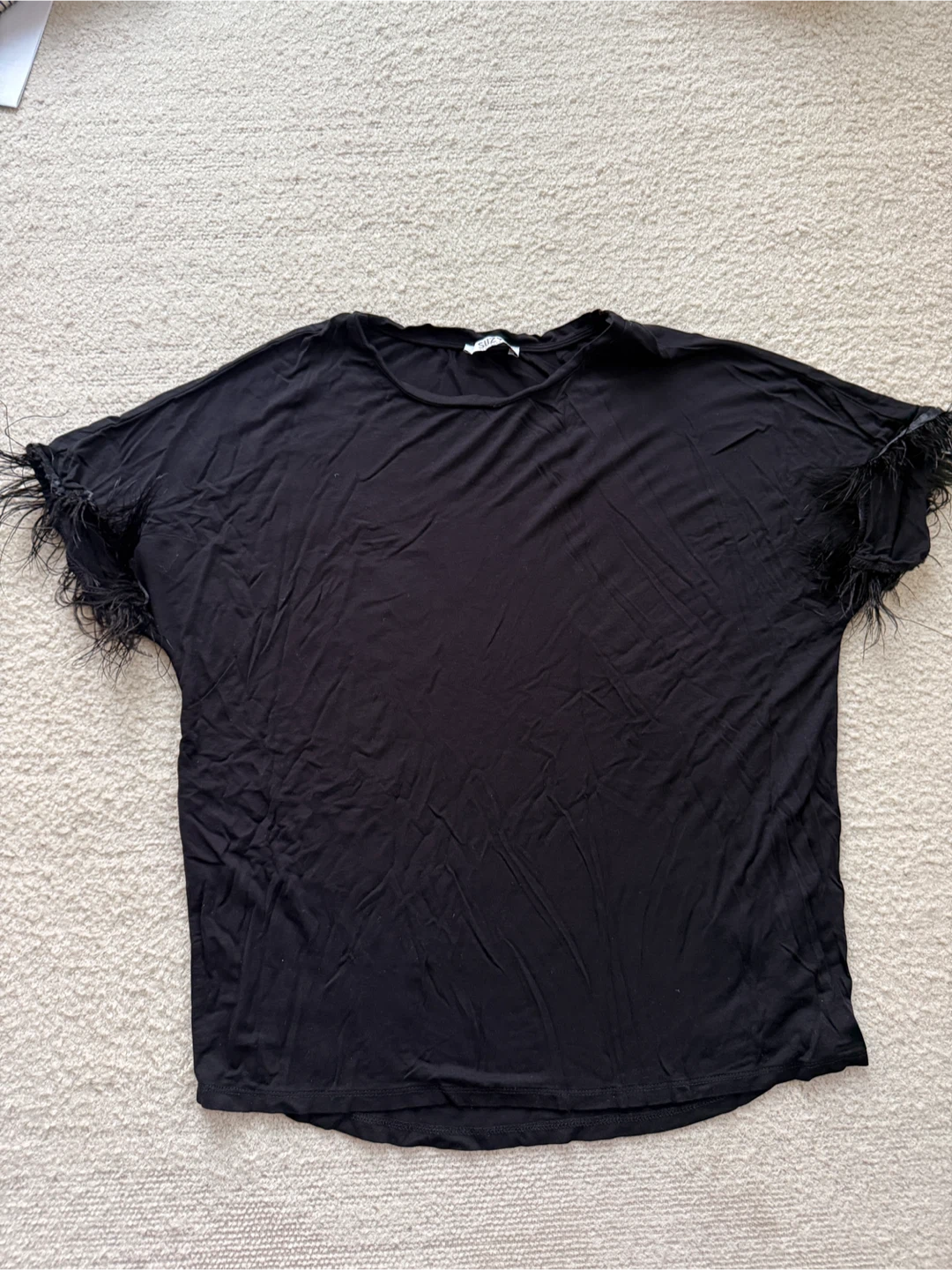 Black T-Shirt with Feather Trim Sleeves