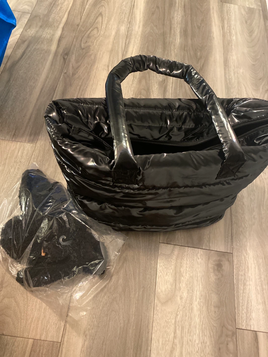 Black Puffer Tote Bag with Shearling Trim