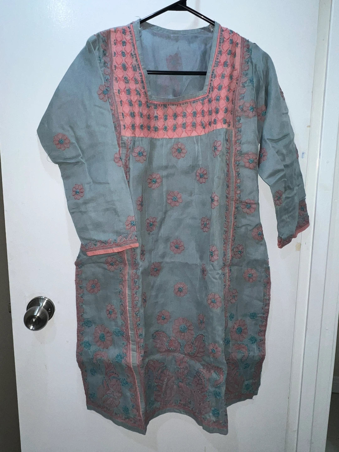 Grey Kurti with Pink Floral Embroidery