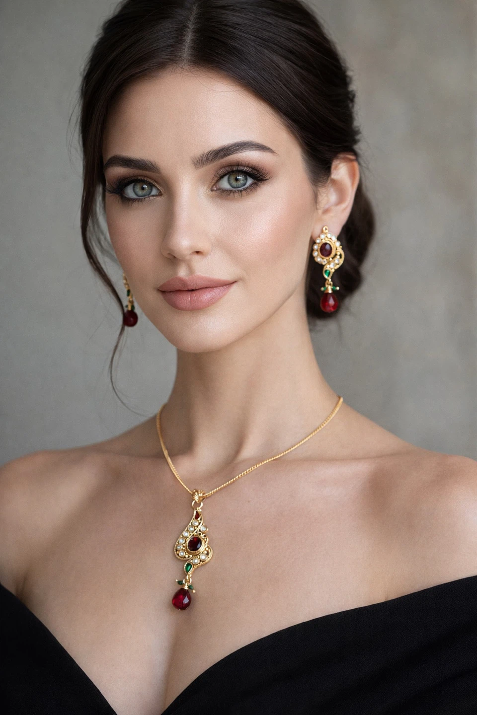 Gold Necklace and Earring Set with Red and Green Stones