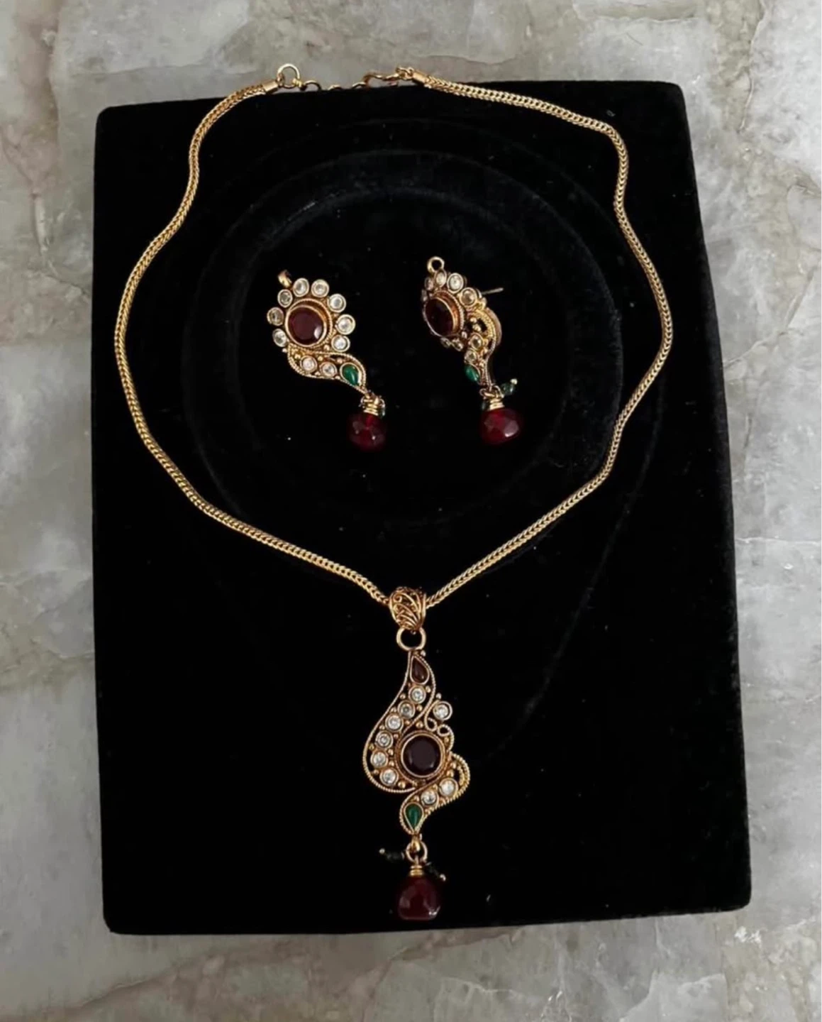 Gold Necklace and Earring Set with Red and Green Stones - photo 2