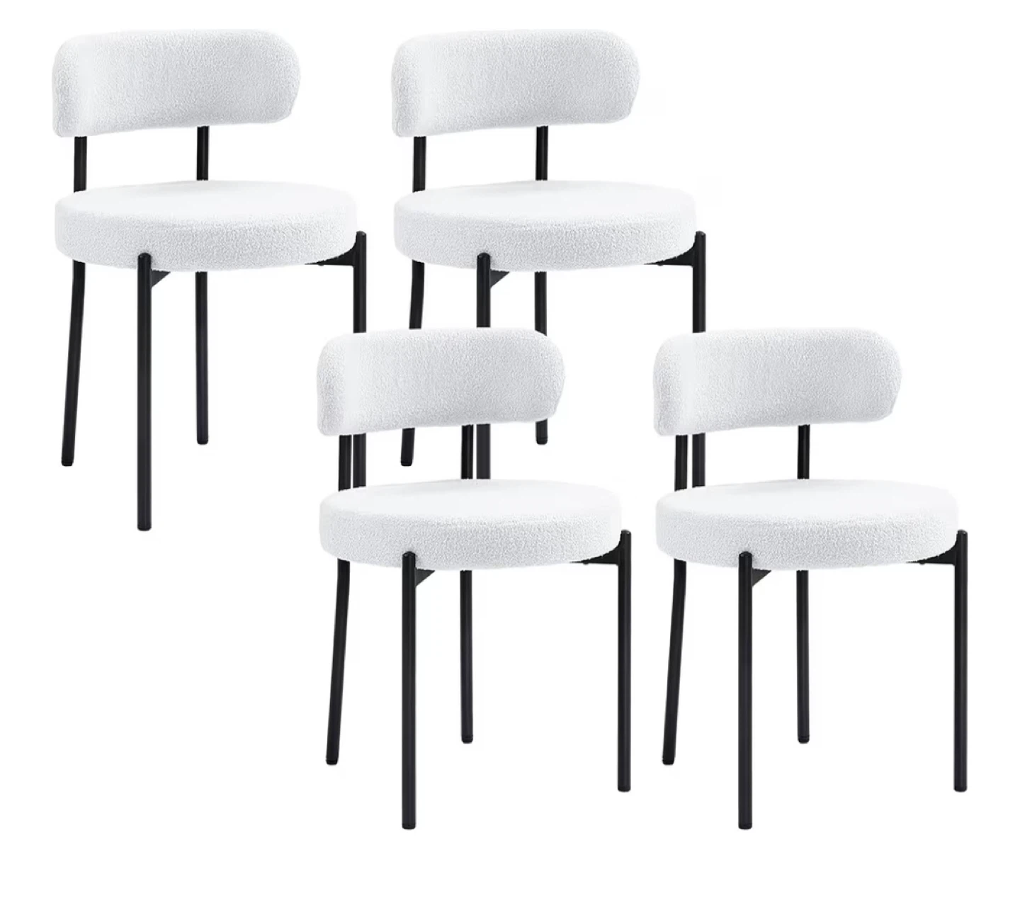 Set of 4 White Boucle Dining Chairs with Black Legs
