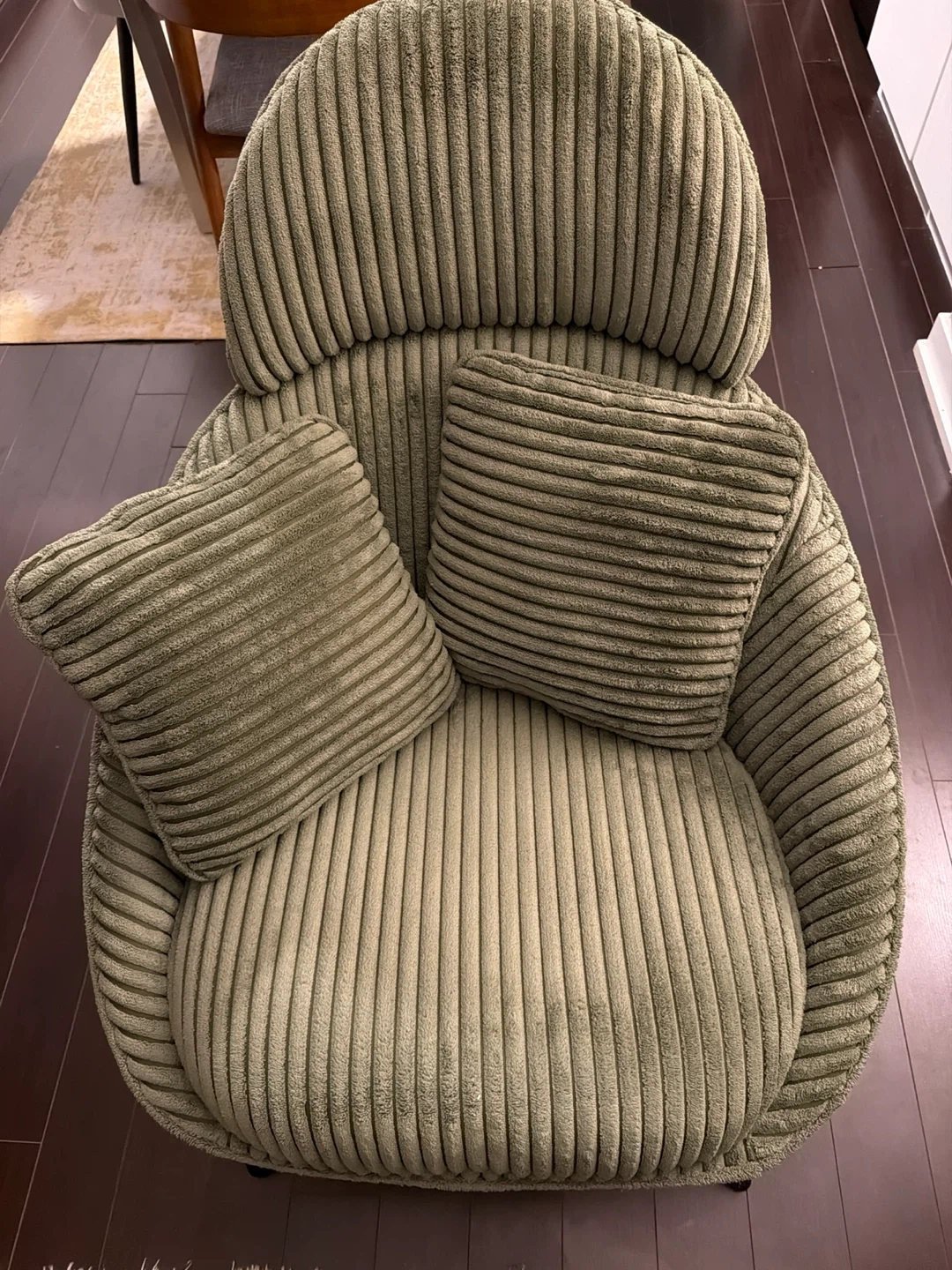 Green Corduroy Accent Chair with Two Pillows