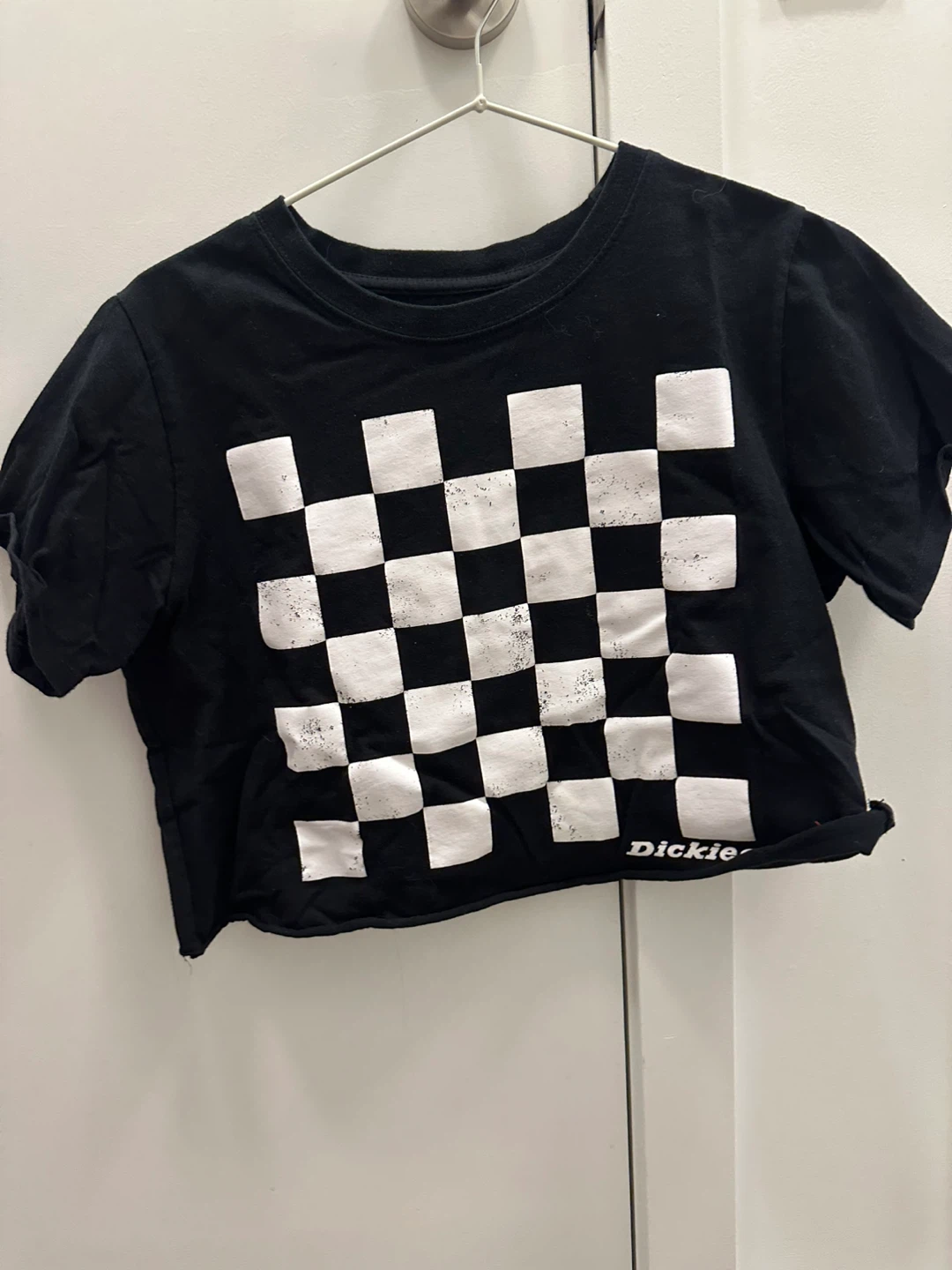 Dickies Black Cropped T-Shirt with Checkerboard Print