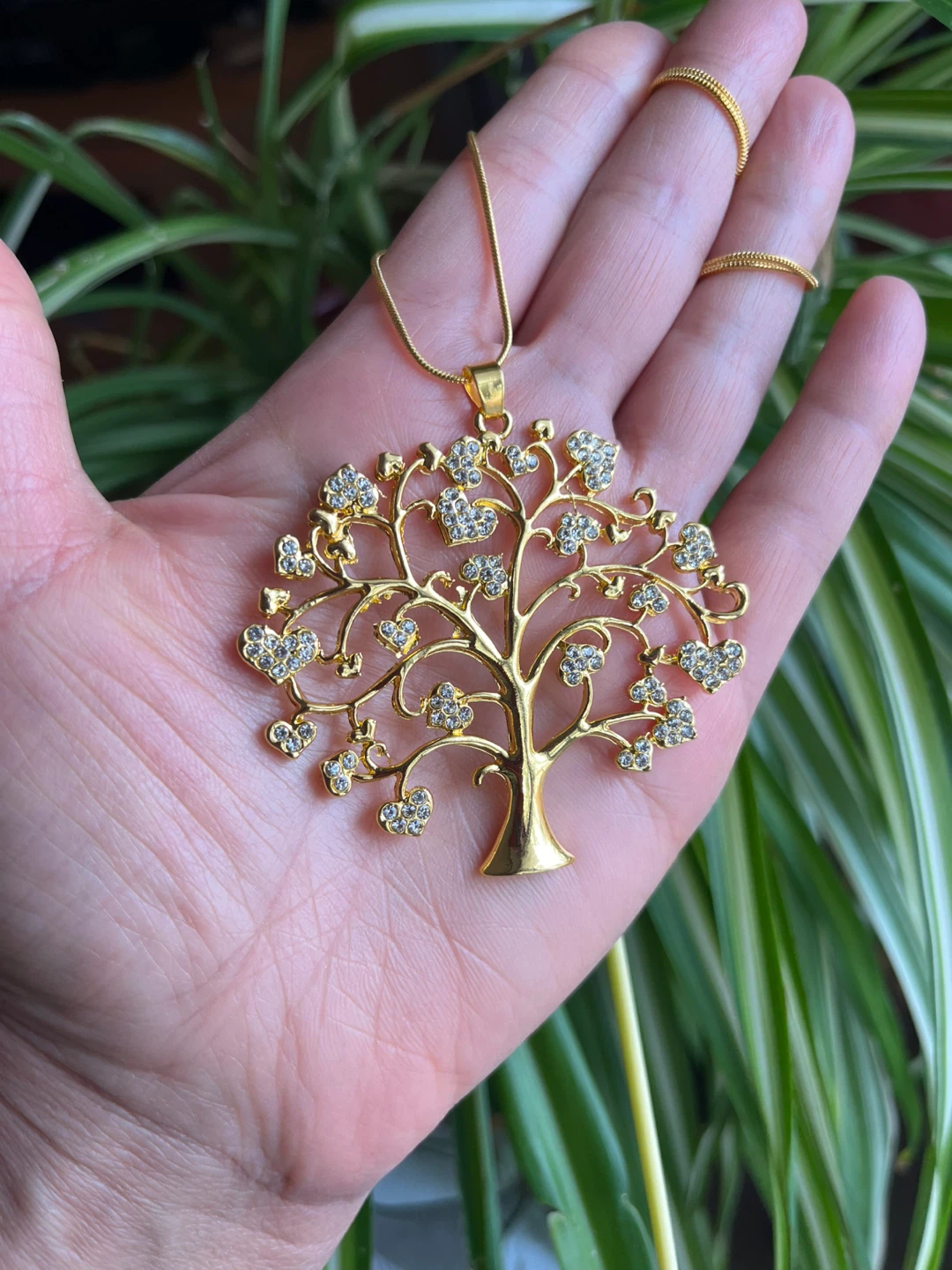 Gold Tone Tree of Life Pendant Necklace with Rhinestones