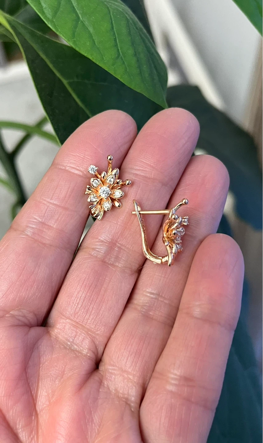 Rose Gold plated Flower Earrings with zircons - photo 2
