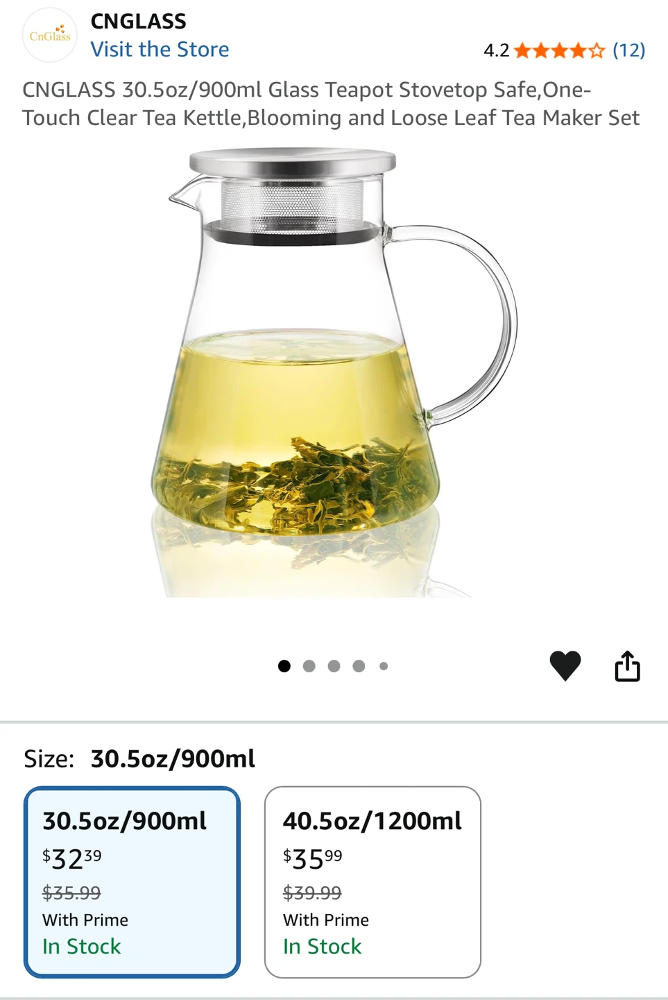 CNGLASS 30.5oz/900ml Glass Teapot Stovetop Safe Tea Kettle