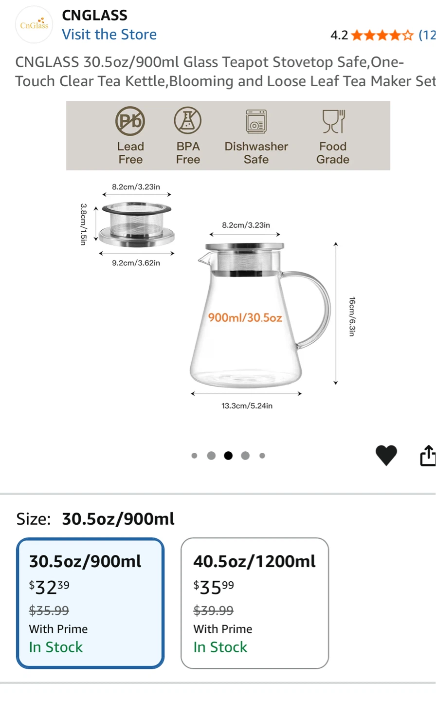 CNGLASS 30.5oz/900ml Glass Teapot Stovetop Safe Tea Kettle - photo 2