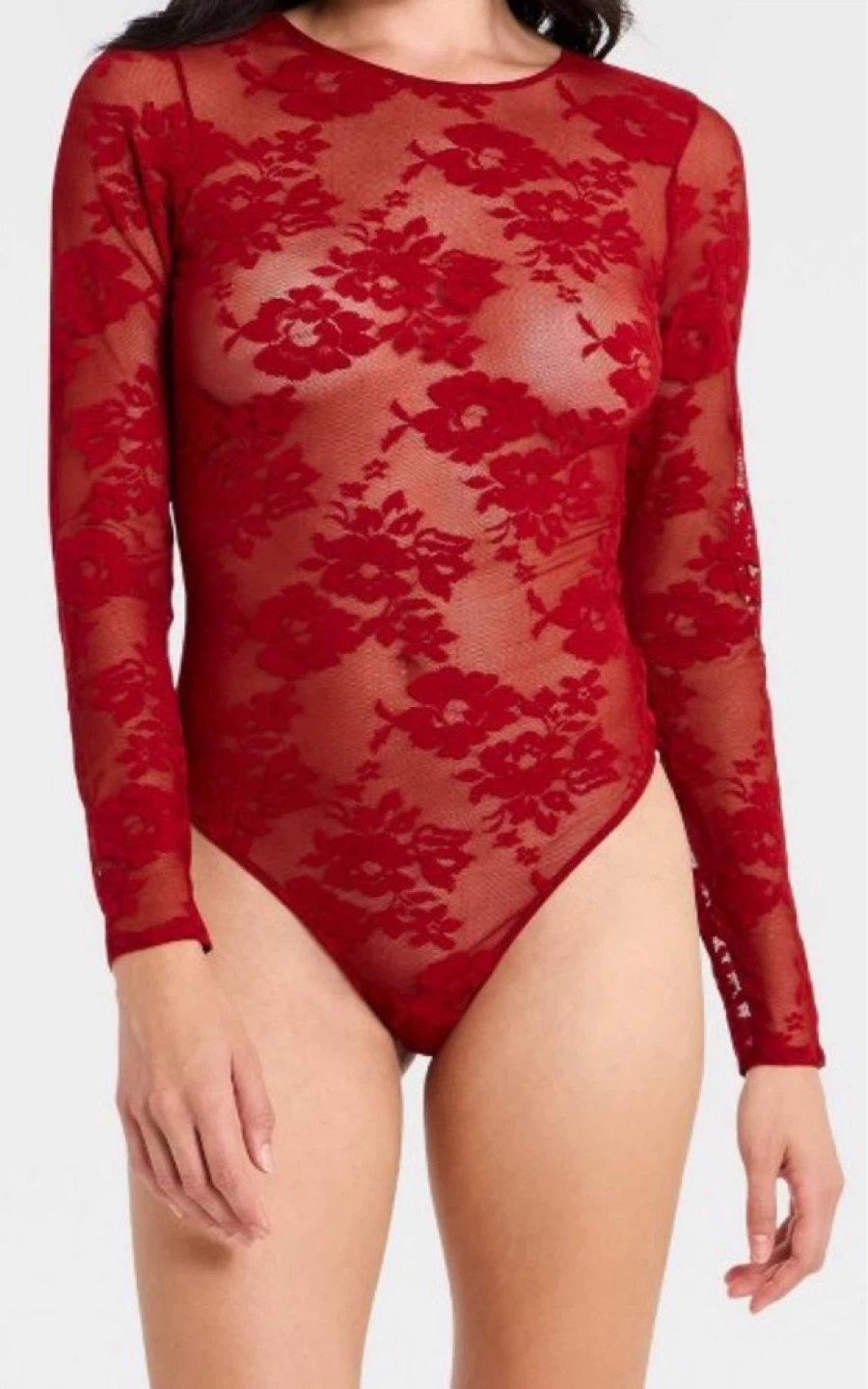 Red Lace Long Sleeve Bodysuit