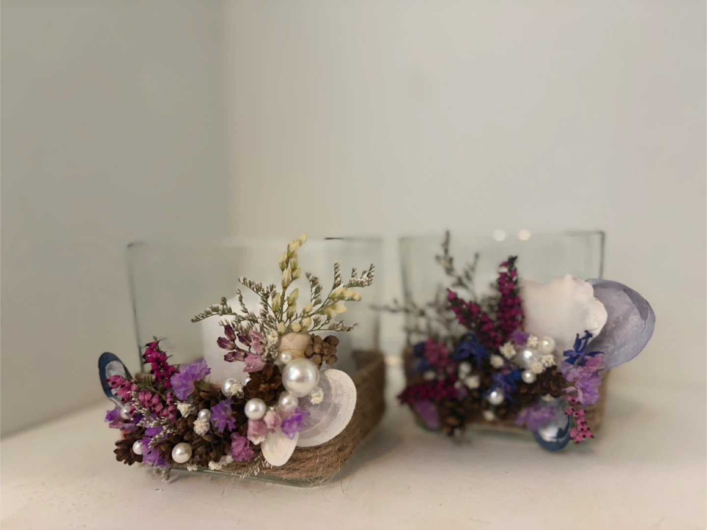 Set of 2 Decorative Glass Candle Holders with Dried Flowers
