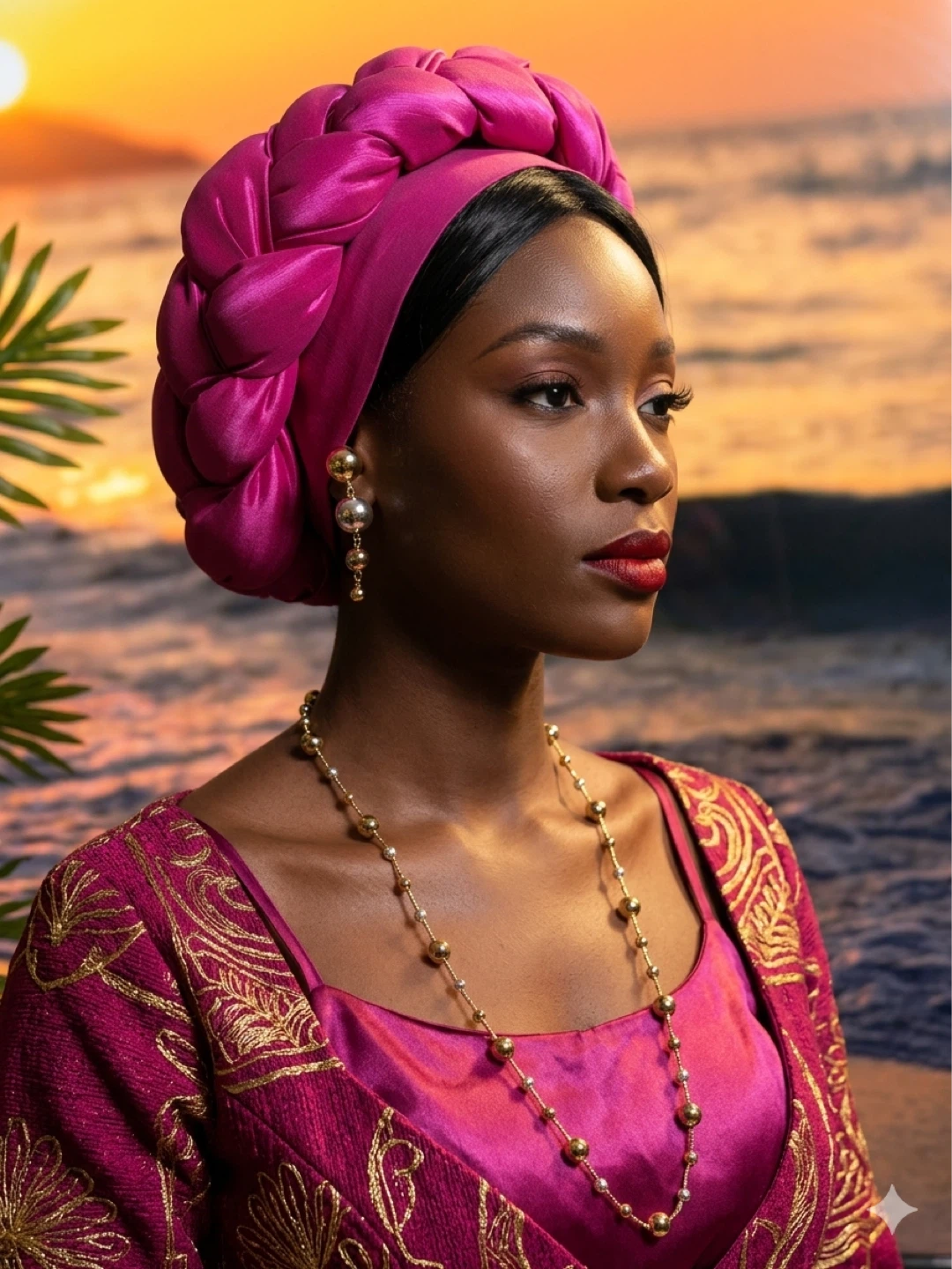 Fuchsia Braided Turban with Gold Beaded Necklace and Earrings