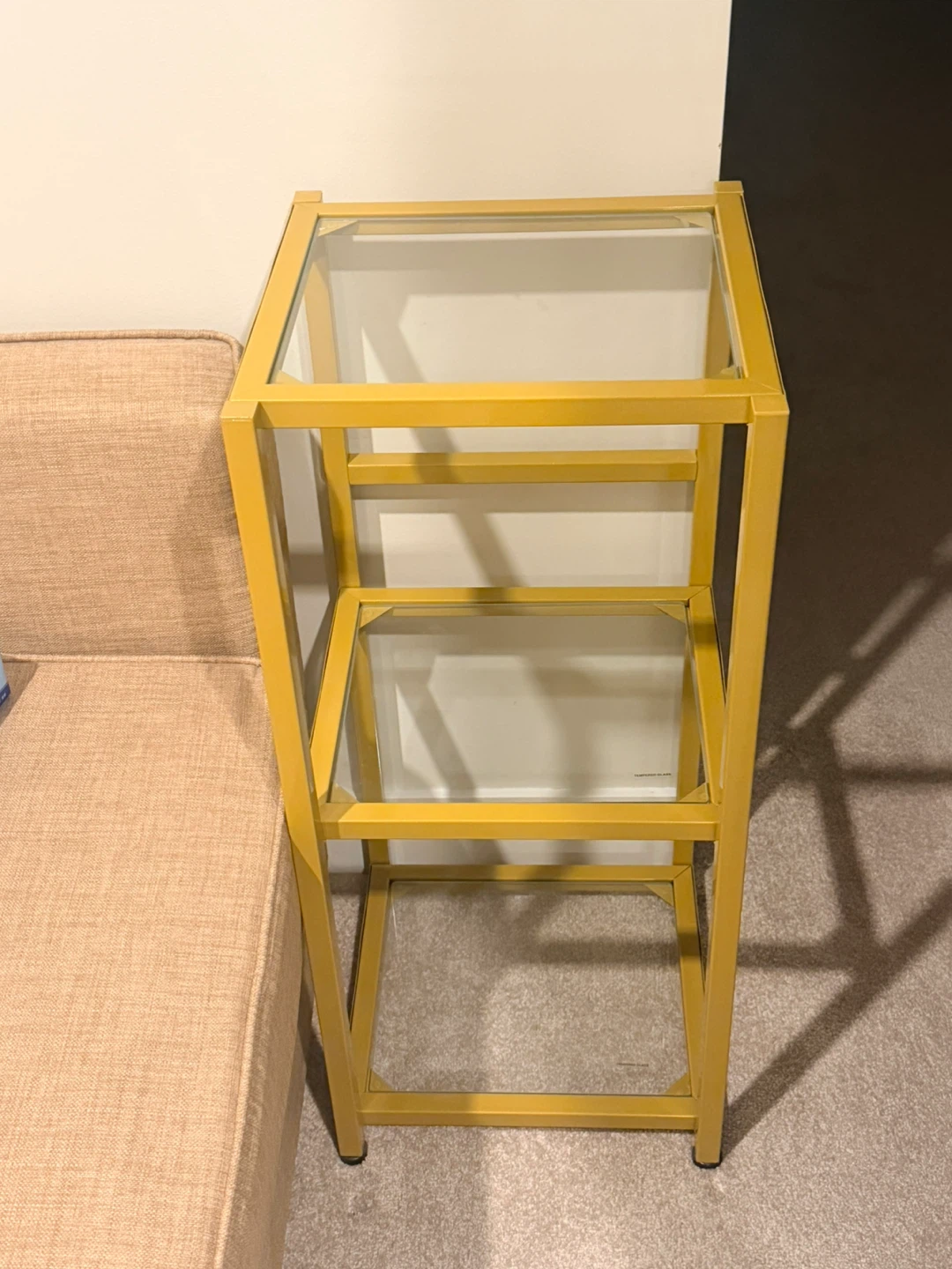 Yellow Metal and Glass 3-Shelf Side Table