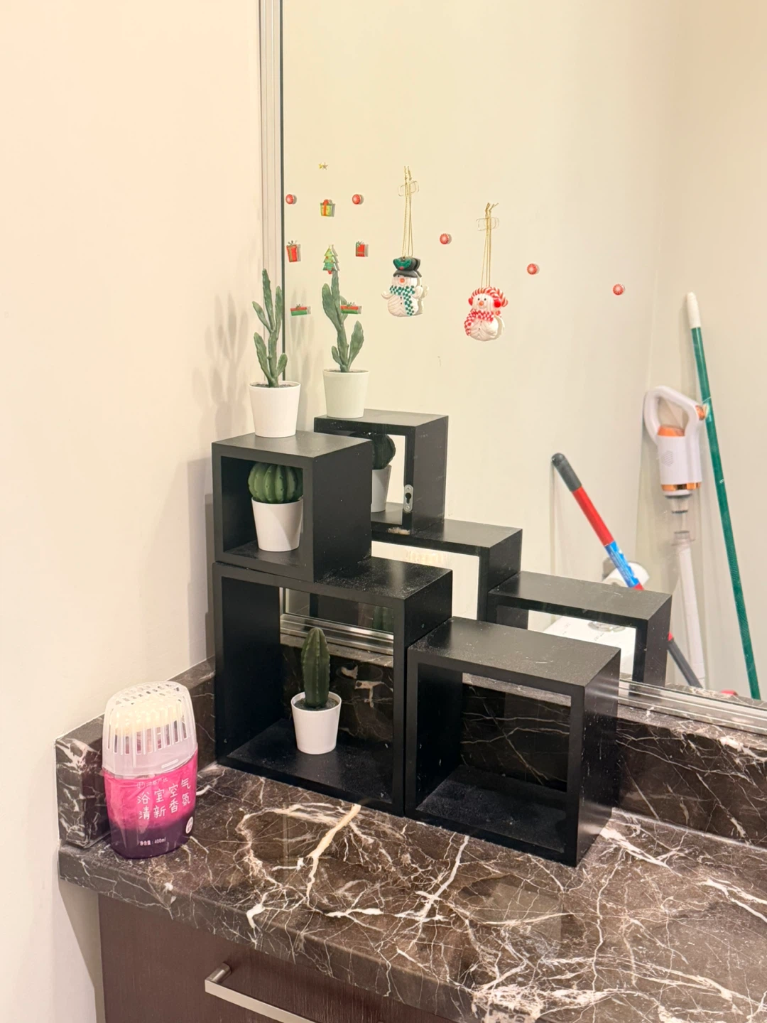 Black Cube Display Shelf with Faux Cacti
