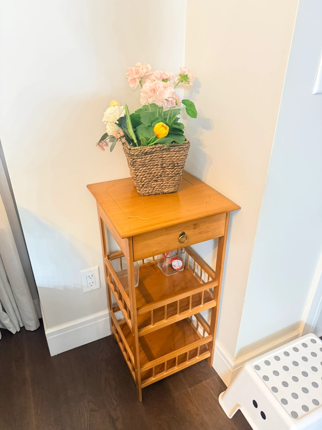 Wooden Side Table with Drawer and Shelves