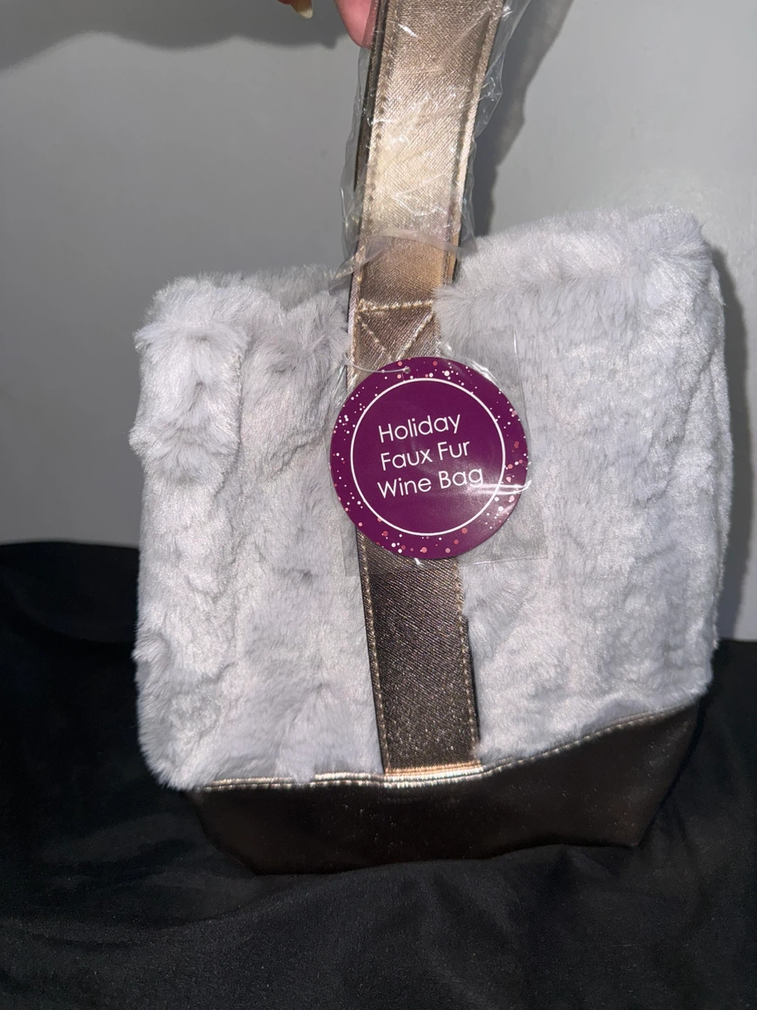 Holiday Faux Fur Wine Bag - Grey/Gold