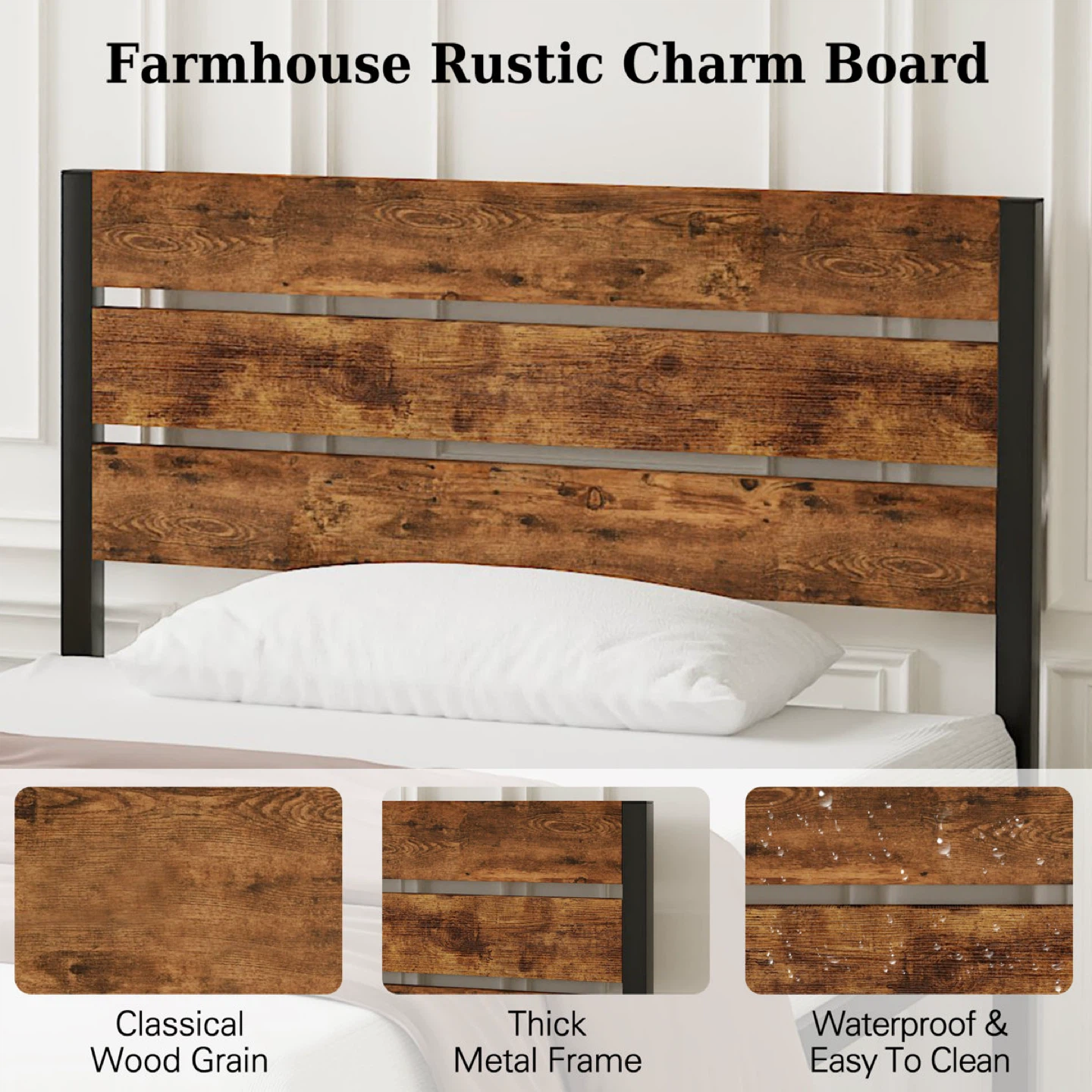Farmhouse Rustic Twin Bed Frame with Headboard Foldable Design - photo 2