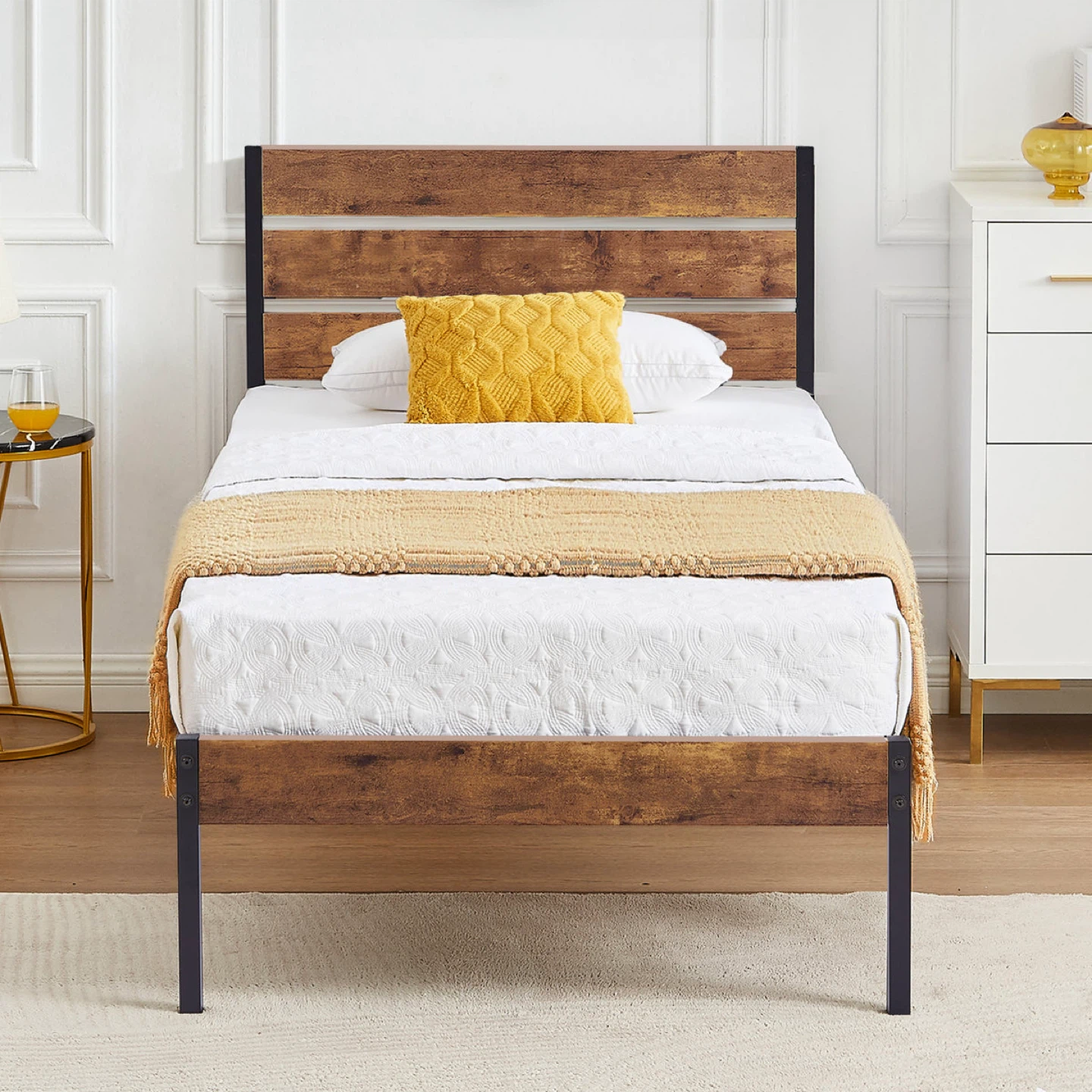 Farmhouse Rustic Twin Bed Frame with Headboard Foldable Design