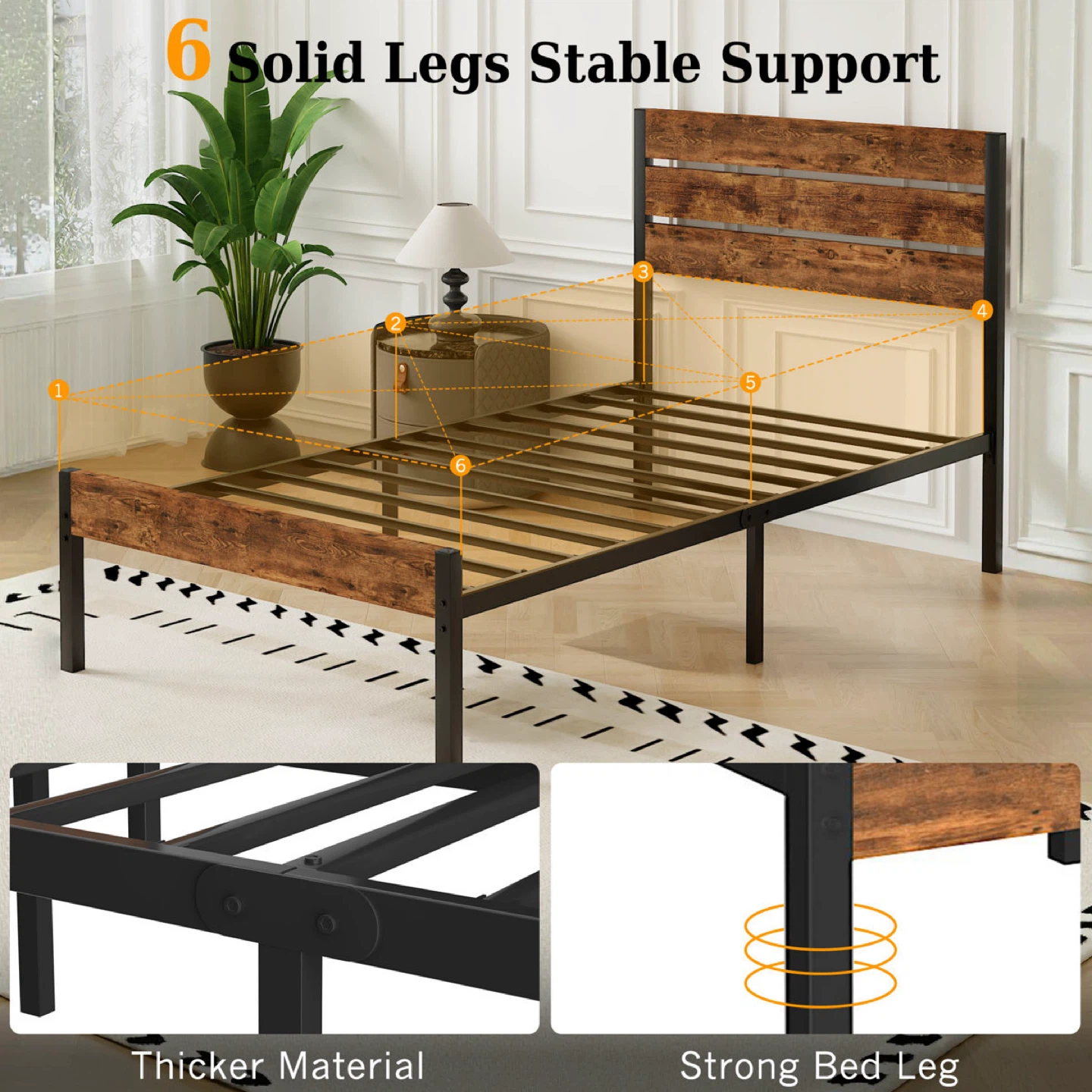 Farmhouse Rustic Twin Bed Frame with Headboard Foldable Design - photo 3