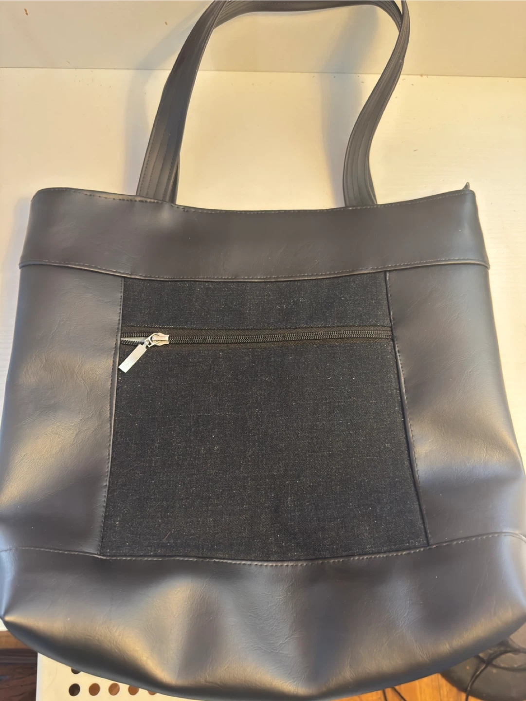 Black Tote Bag with Denim Accent