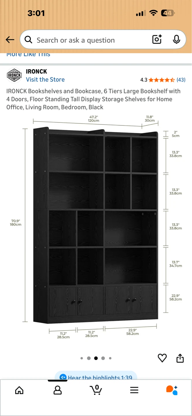 IRONCK 6 Tiers Large Bookshelf with 4 Doors, Black - photo 3