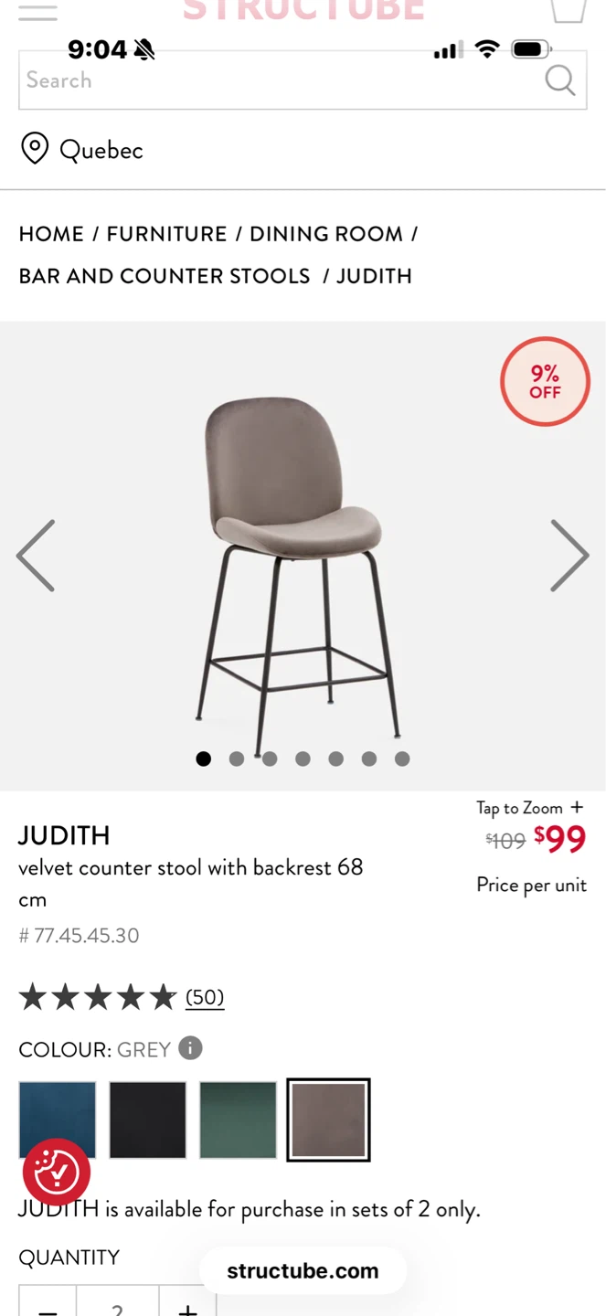 Structube Judith Velvet Counter Stool - Grey