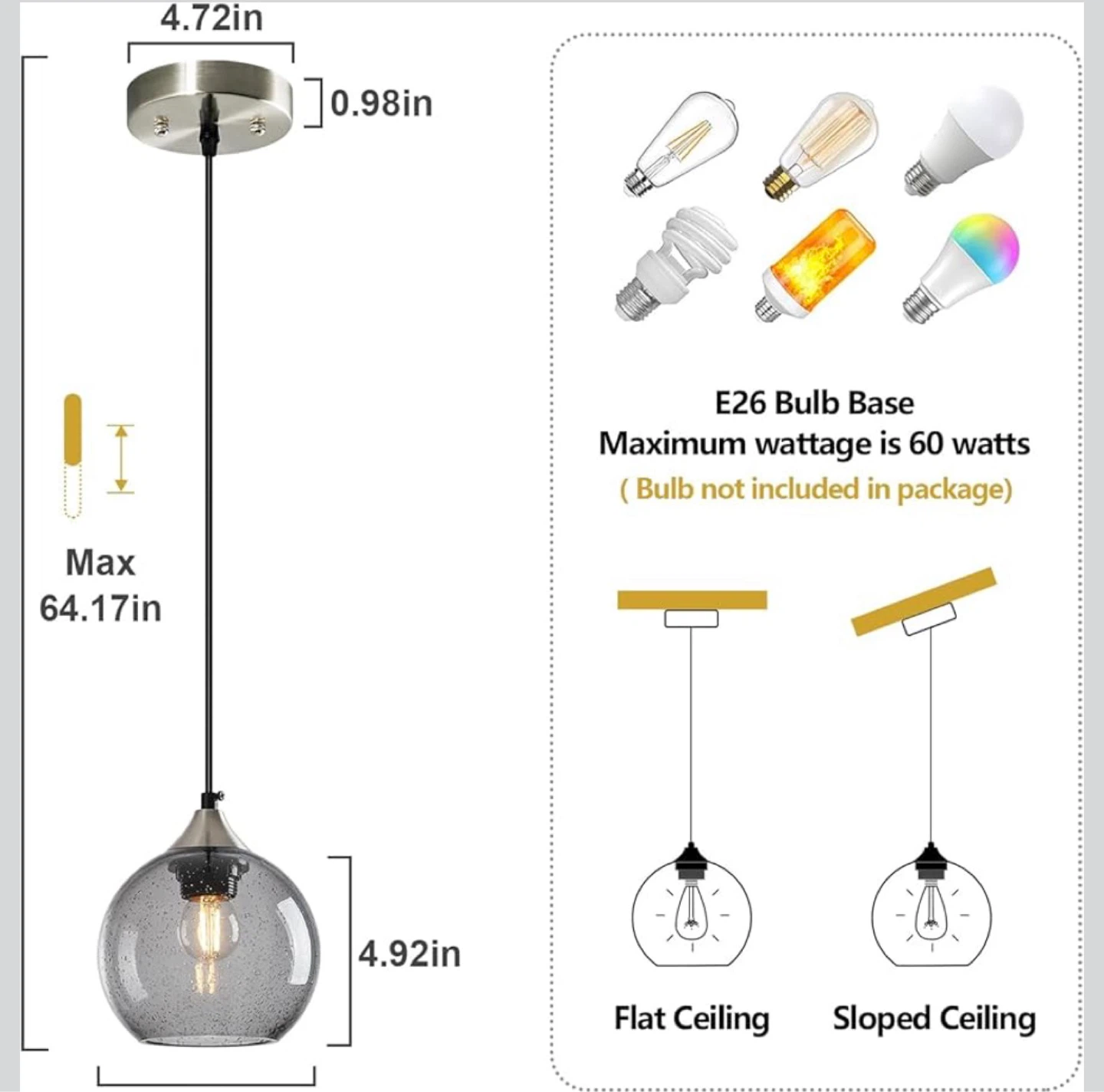 Brand New! 3 Pack Light Grey Glass Pendant Light - photo 3