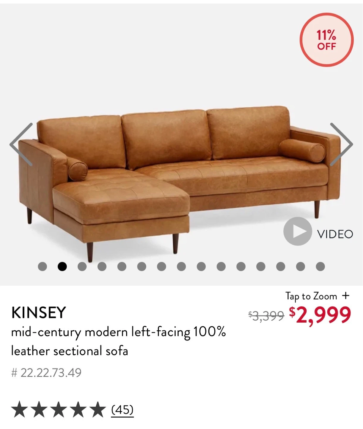 KINSEY Mid-Century Modern Left-Facing Leather Sectional Sofa