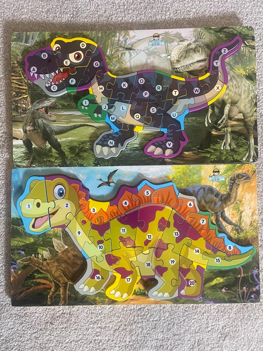 Wooded Dinosaur Puzzles Alphabet and Numbers - Set of 2