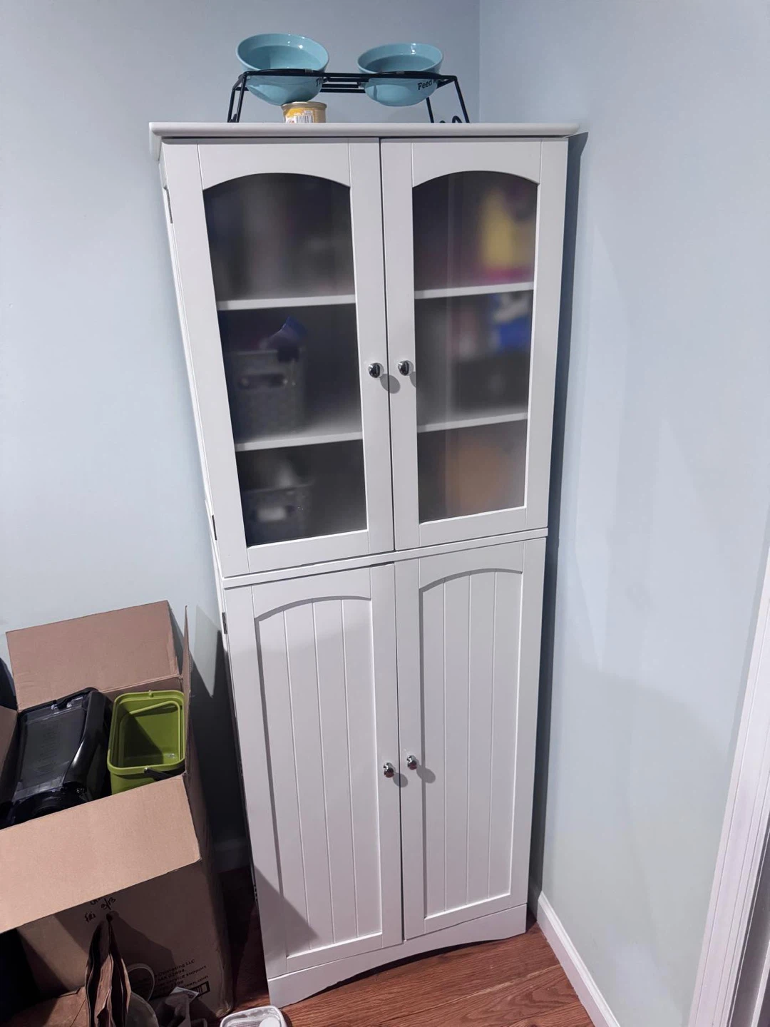 White Tall Storage Cabinet with Glass Doors