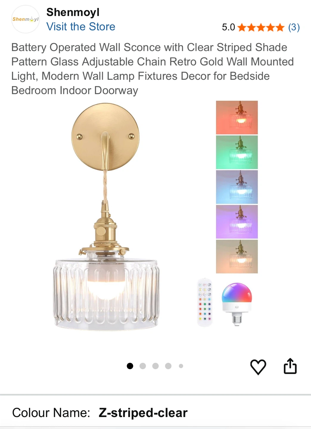 Shenmoyl Battery Operated Wall Sconce with Clear Striped Shade - photo 2