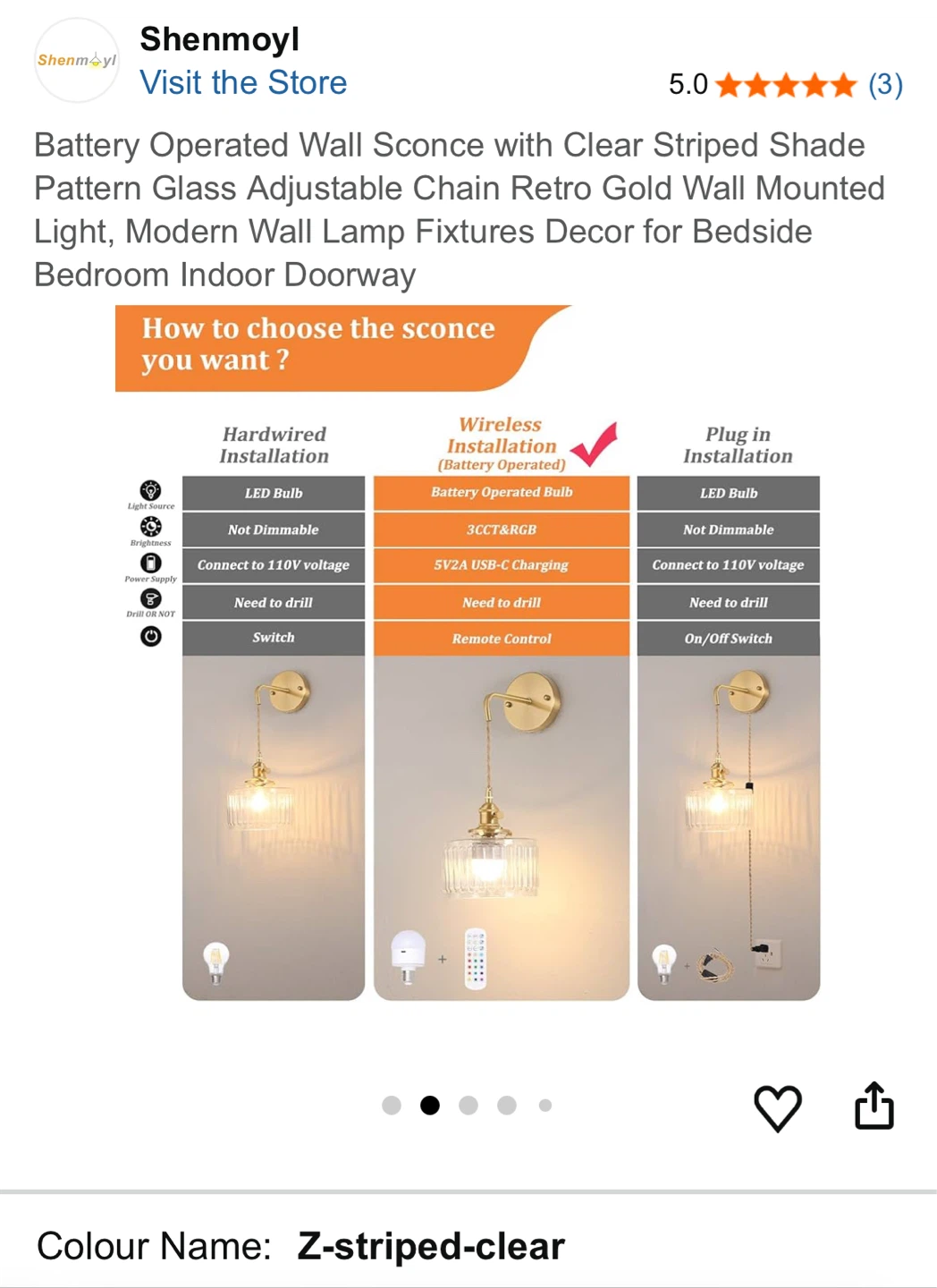 Shenmoyl Battery Operated Wall Sconce with Clear Striped Shade