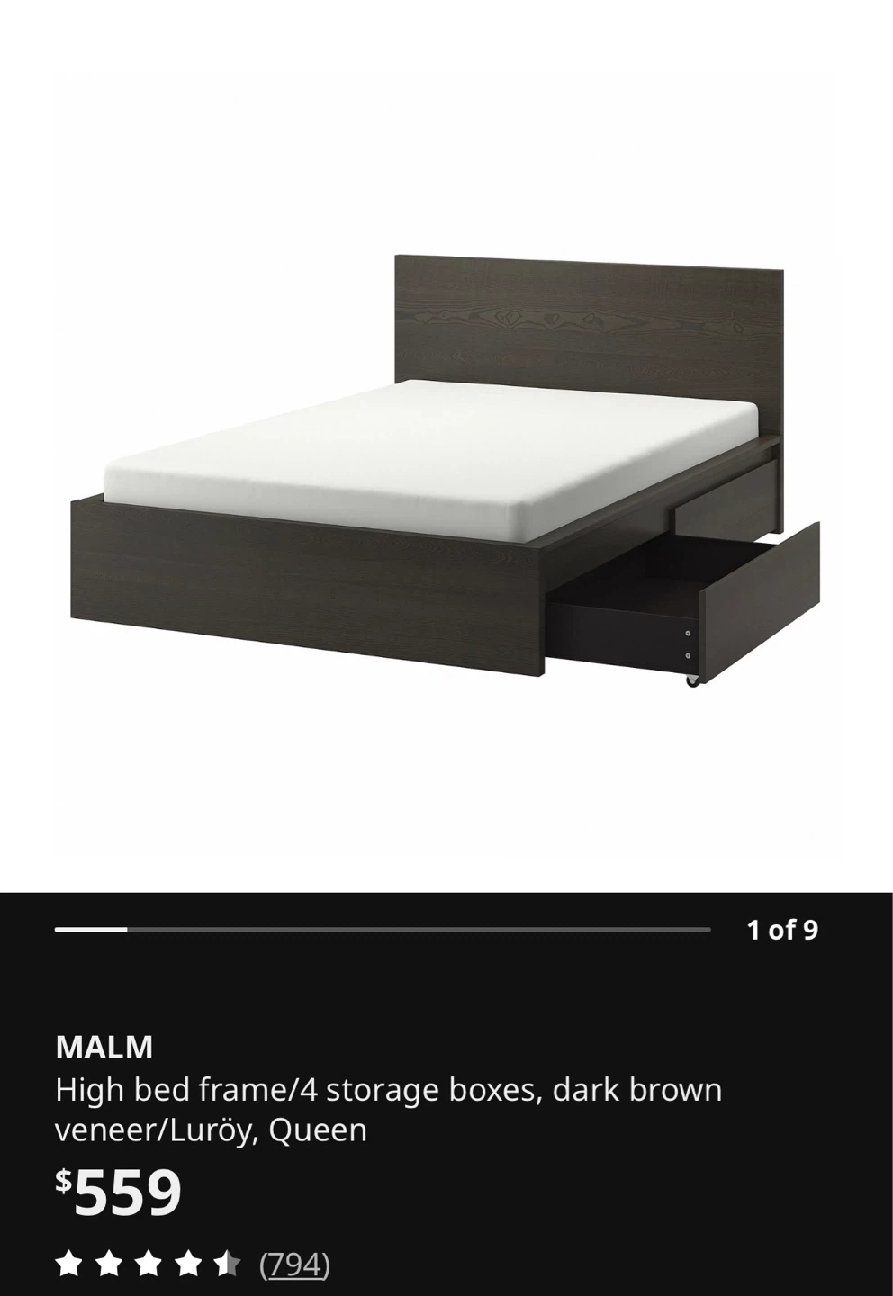 IKEA MALM Queen High Bed Frame with 4 Storage Boxes