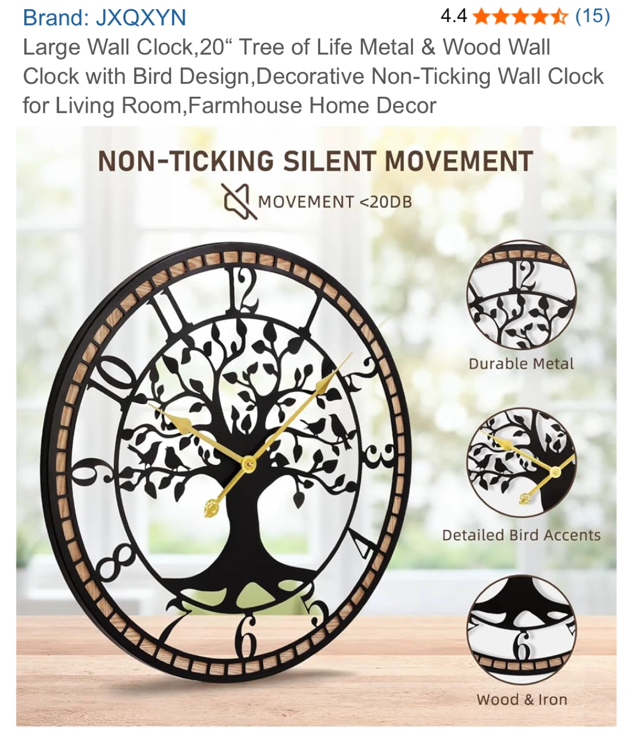 JXQXYN Large Tree of Life Metal & Wood Wall Clock - 20" - photo 3