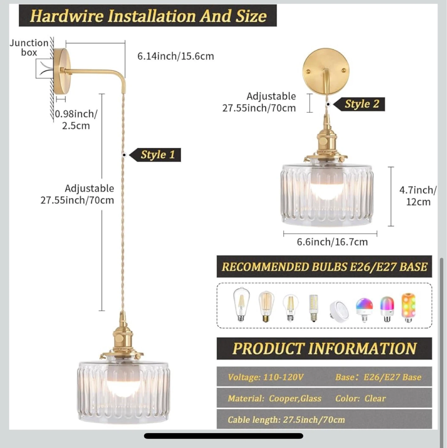 Brass & Glass Plug-in Wall Sconce - Adjustable