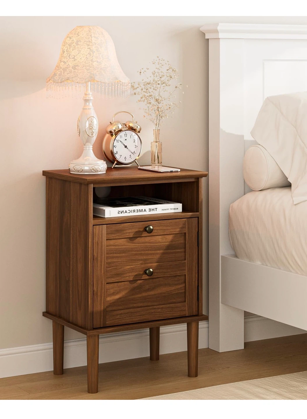 Apetaccat Walnut Finish Nightstand with 2 Drawers and Open Shelf - photo 2