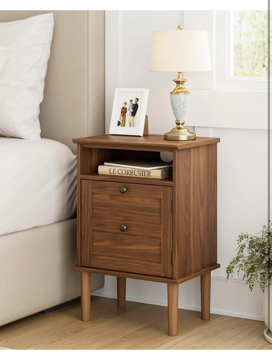 Apetaccat Walnut Finish Nightstand with 2 Drawers and Open Shelf - photo 4