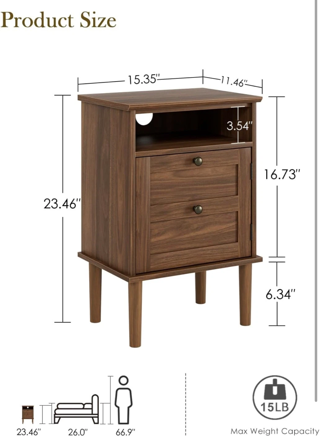 Apetaccat Walnut Finish Nightstand with 2 Drawers and Open Shelf - photo 3