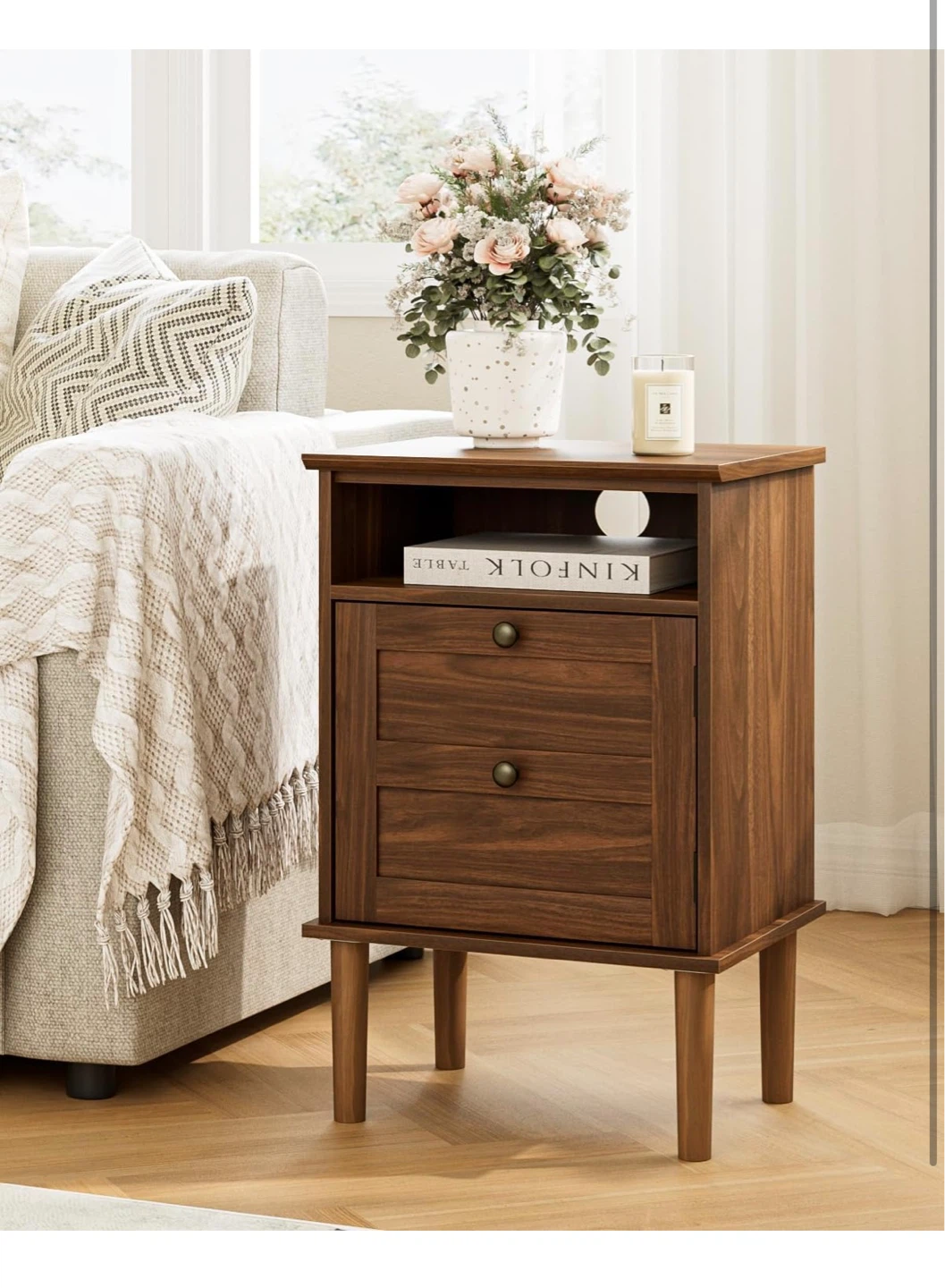 Apetaccat Walnut Finish Nightstand with 2 Drawers and Open Shelf - photo 5