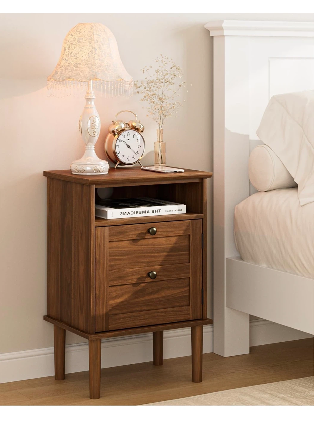 Apetaccat Walnut Finish Nightstand with 2 Drawers and Open Shelf