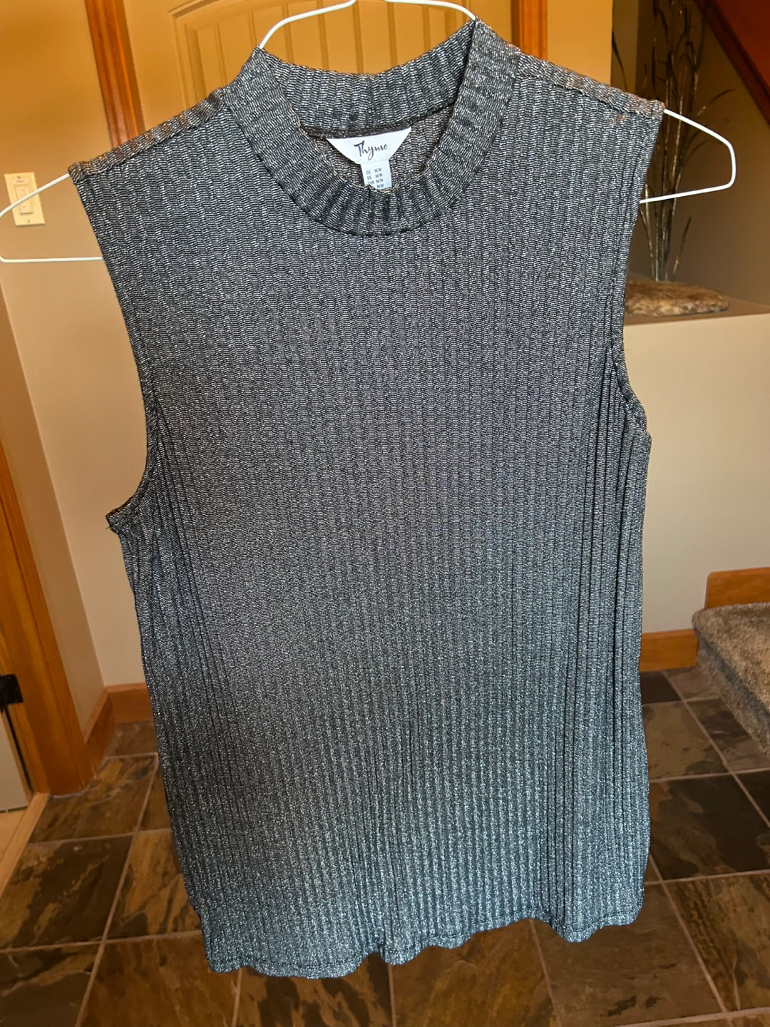 Thyme Sleeveless Mock Neck Top - Silver and Black - Medium