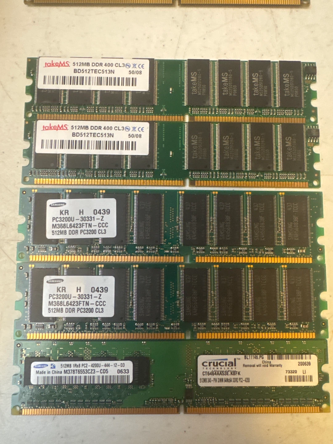 Lot of 512MB DDR RAM Sticks (TakeMS, Samsung, Crucial)