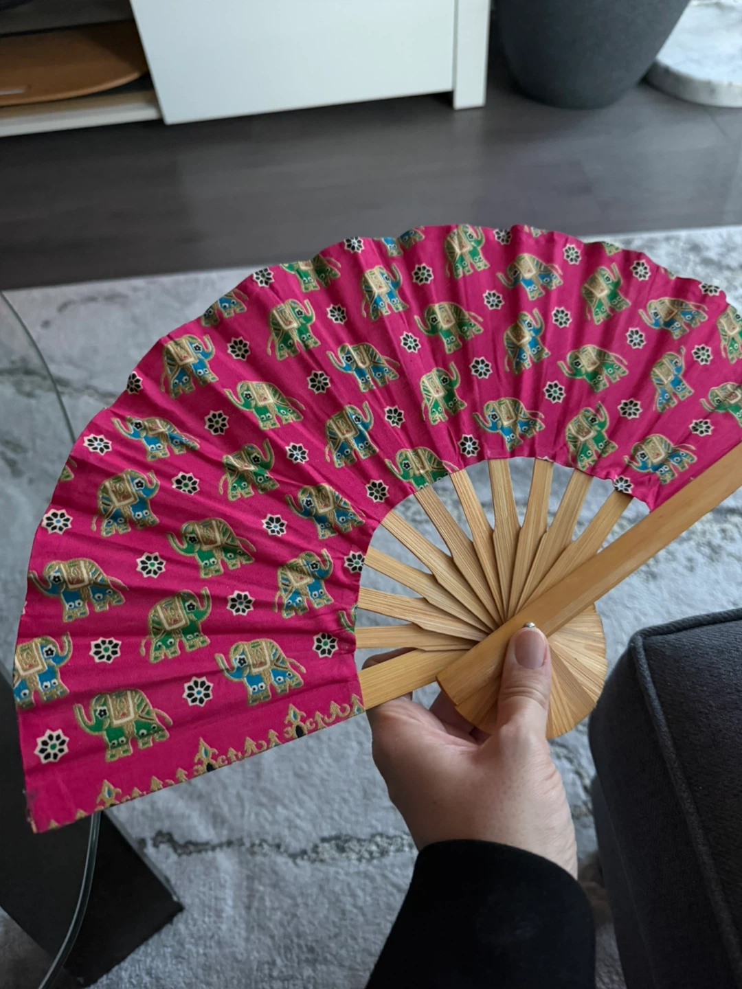 Pink Elephant Print Folding Fan