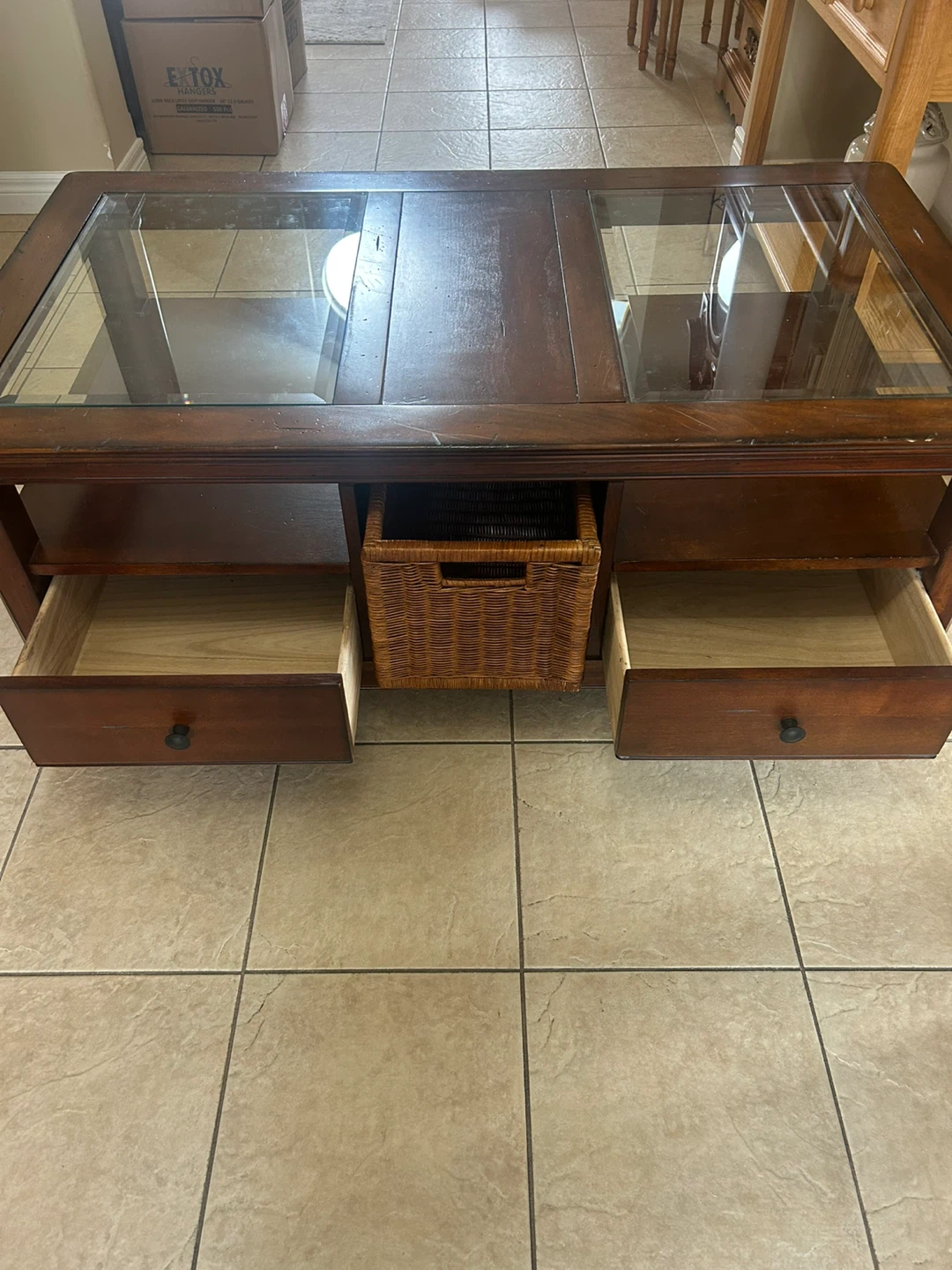 Wooden Coffee Table with Glass Top and Storage Drawers